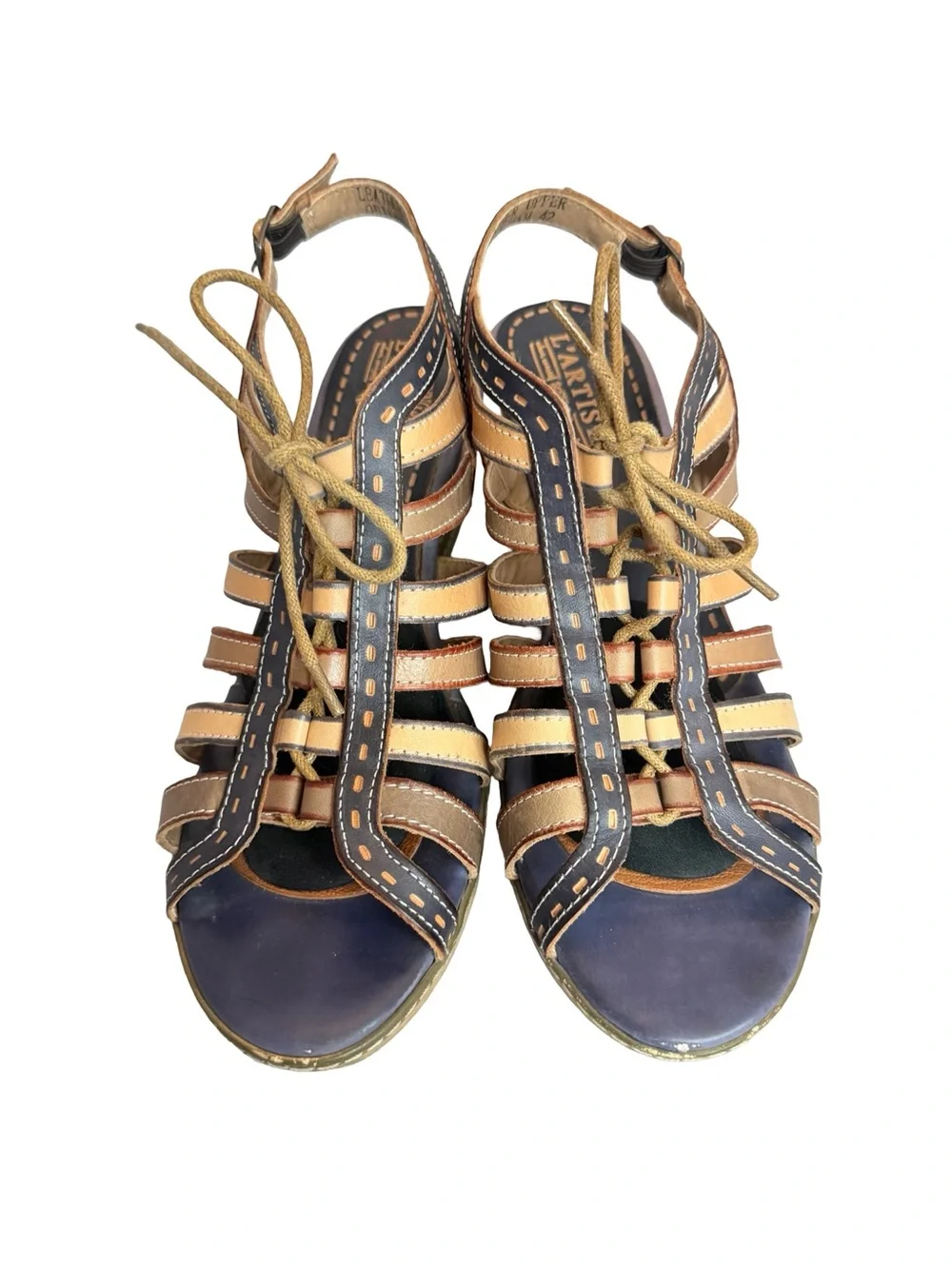 L'Artiste x Spring Step Navy Tan Leather Lace Up Wedge Sandals Size 10.5 Women's